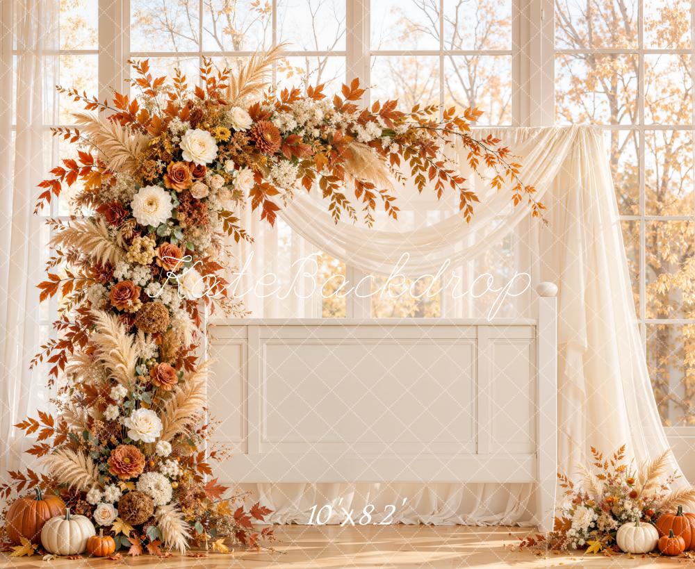 Kate Fall Wedding Flower Arch Pumpkins Printed Backdrop Designed by Emetselch