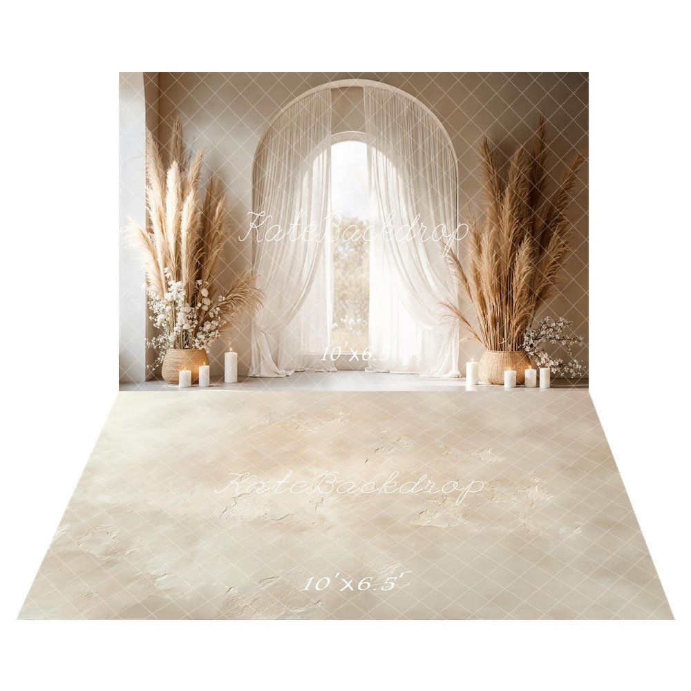 Kate Mother's Day Boho Arch Window Pampas Grass Candles Printed Backdrop+Beige Abstract Texture Printed Floor Backdrop