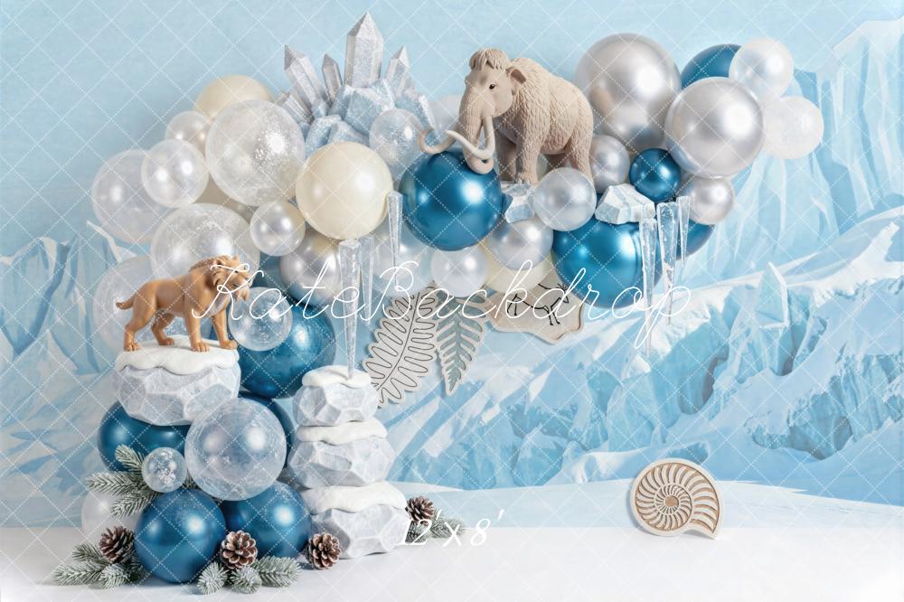 Kate Cake Smash Winter Blue Prehistoric Animals Crystal Balloons Printed Backdrop Designed by Mini MakeBelieve