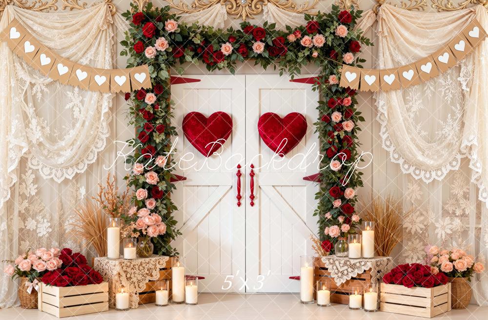 Kate Valentine's Day White Doors Heart Flower Arch Printed Backdrop Designed by Mini MakeBelieve