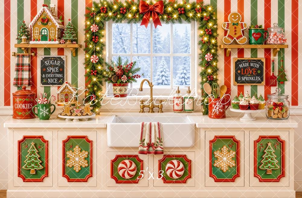 Kate Christmas Kitchen Gingerbread Cookies Garland Striped Wall Printed Backdrop Designed by Emetselch