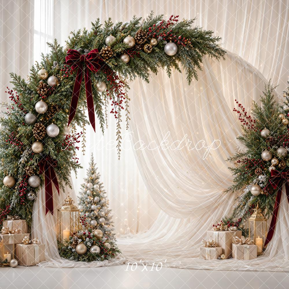 Kate Christmas Circle Flower Arch White Drapes Gold Ornaments Gifts Printed Backdrop Designed by Emetselch