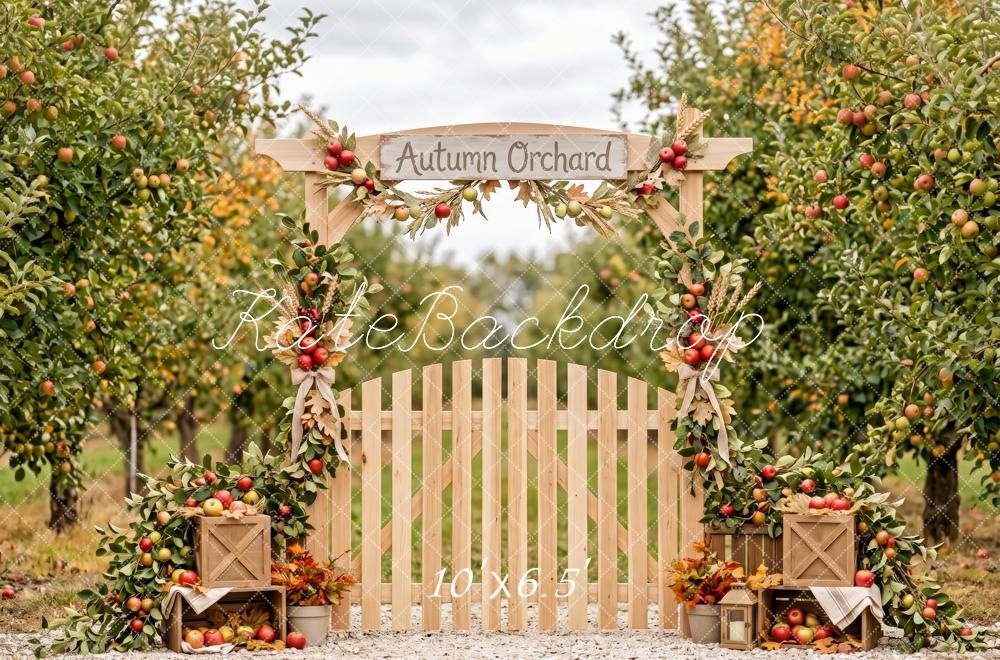 Kate Fall Apple Orchard Gate White Picket Fence Printed Backdrop Designed by Patty Roberts