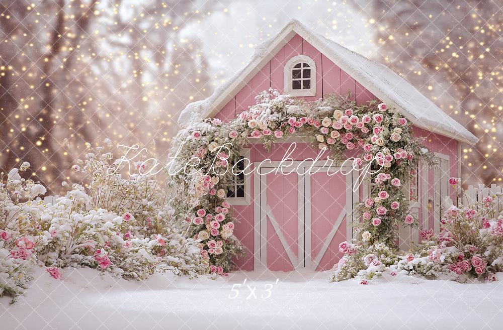 Kate Winter Pink House Flower Arch Snow Backdrop Designed by Angela Miller