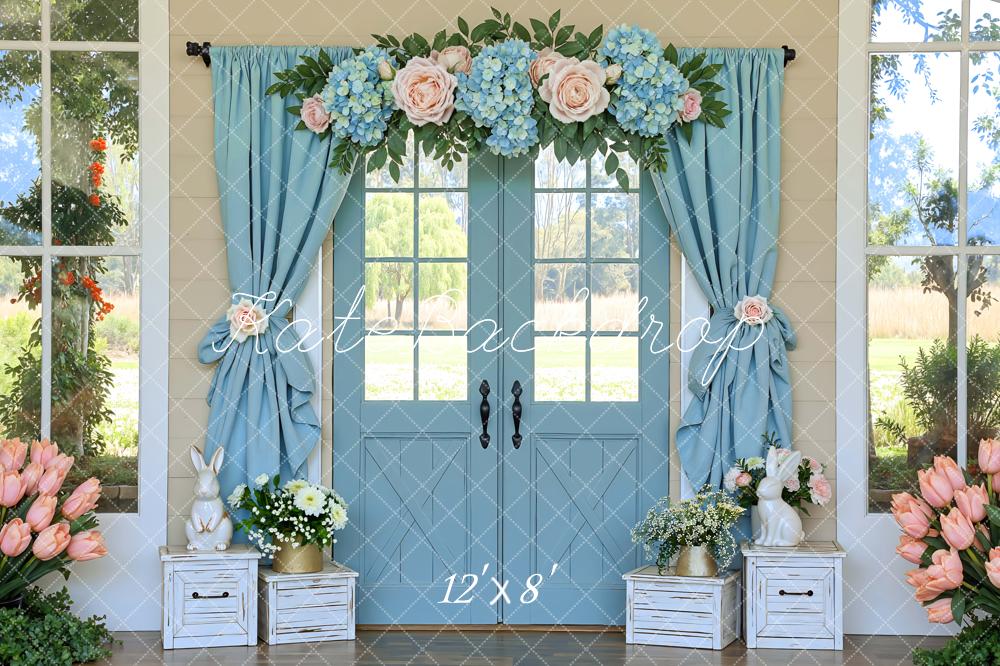 Kate Spring Bunny Blue Door Flower Arch Printed Backdrop Designed by Mini MakeBelieve
