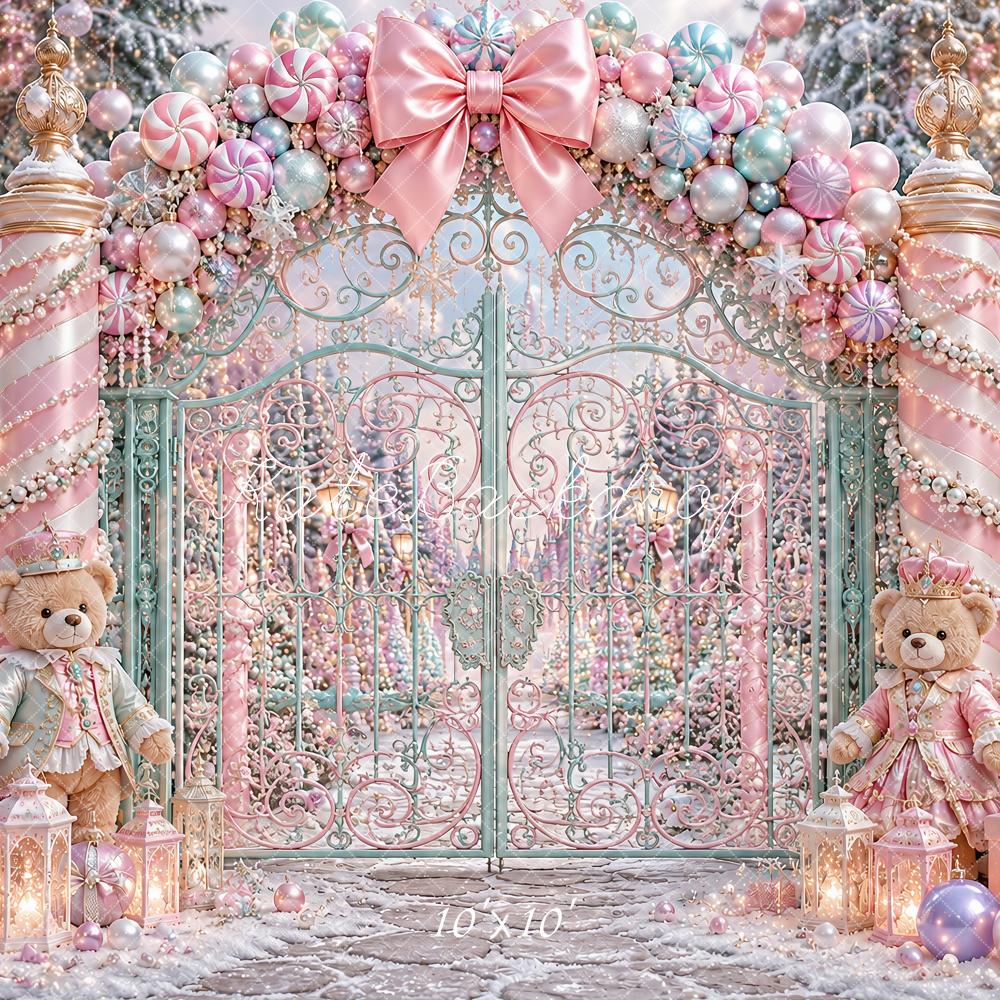 Kate Christmas Pink Candy Cane Gate Teddy Bears Kids Printed Backdrop Designed by Ashley Paul