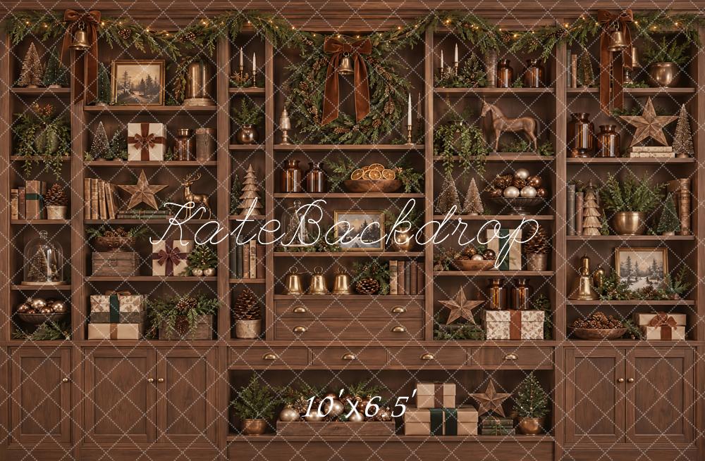 Kate Christmas Brown Cabinet Wreath Garland Shelves Printed Backdrop Designed by Vertigo Productions