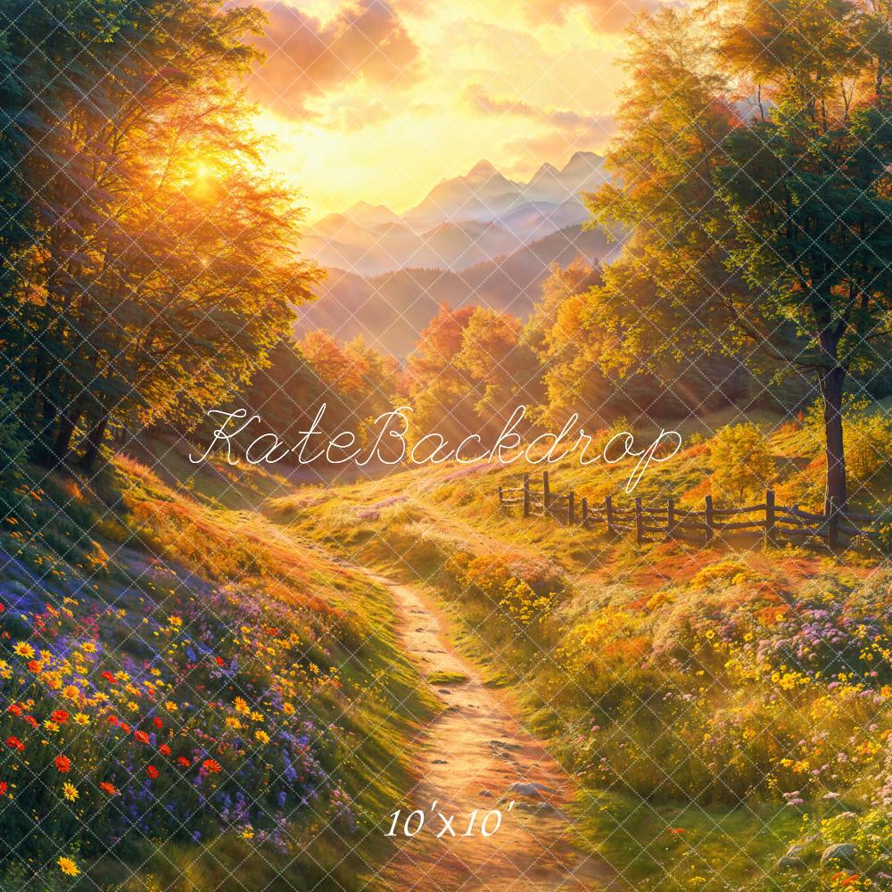 Kate Fall Forest Flowers Pathway Sunset Backdrop Designed by Emetselch