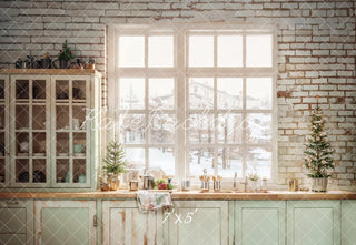 Kate Christmas Kitchen Light Blue Cabinet Window Printed Backdrop Designed by Emetselch