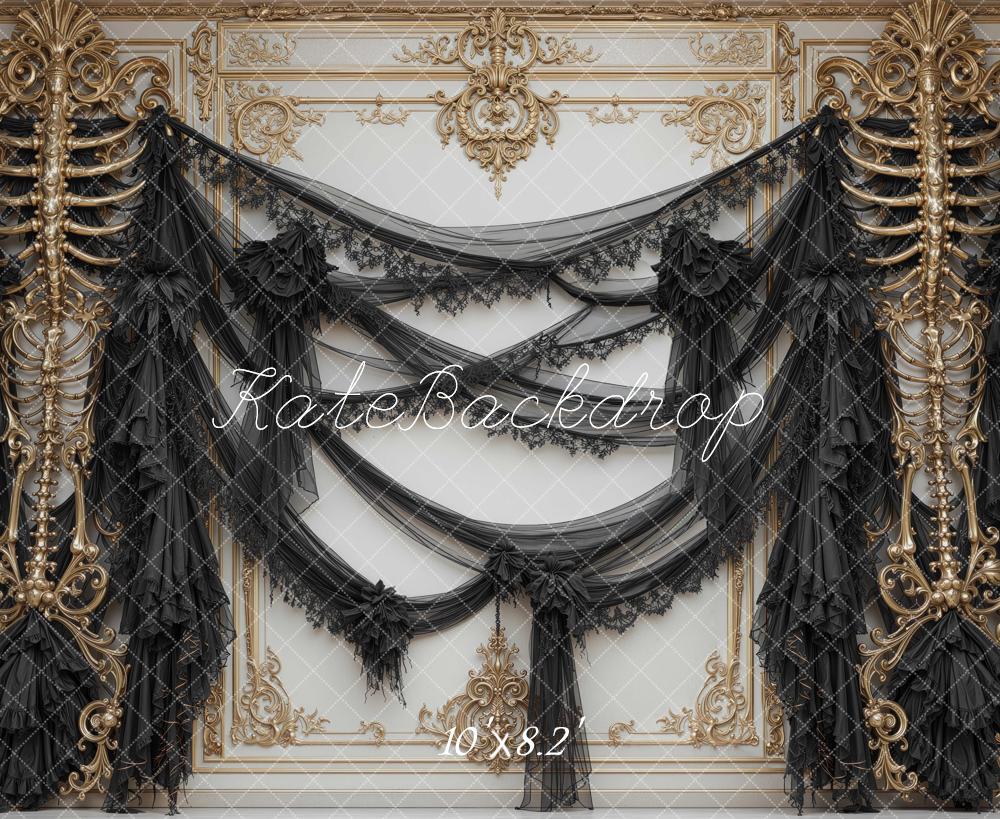 Kate Halloween Black Gothic Drapery Bone Wall Printed Backdrop Designed by Mini MakeBelieve