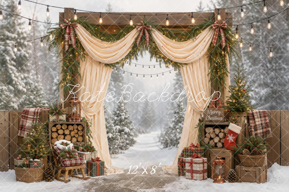 Kate Christmas Outdoor Cream Curtains Arch Pine Trees Plaid Gifts Wood Printed Backdrop Designed by Emetselch