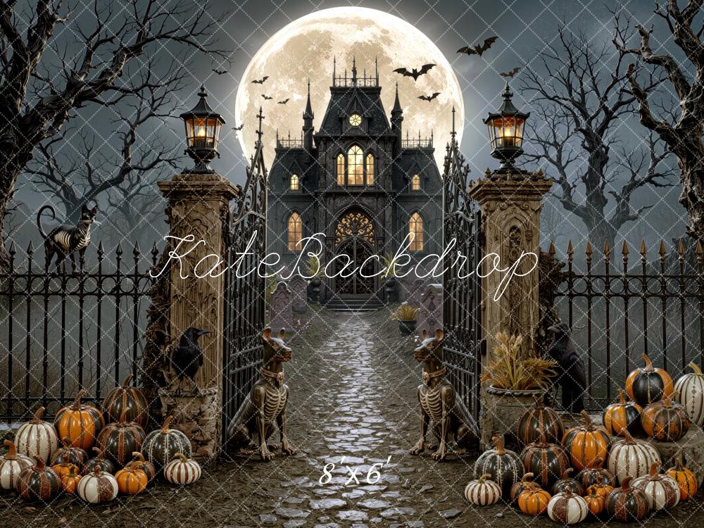 Kate Halloween Night Haunted Mansion Moon Pathway Pumpkins Printed Backdrop Designed by Mini MakeBelieve