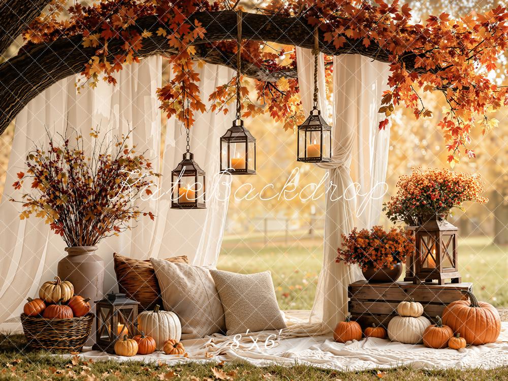 Kate Fall Branch Arch White Drapes Pumpkins Lanterns Cozy Printed Backdrop Designed by Emetselch