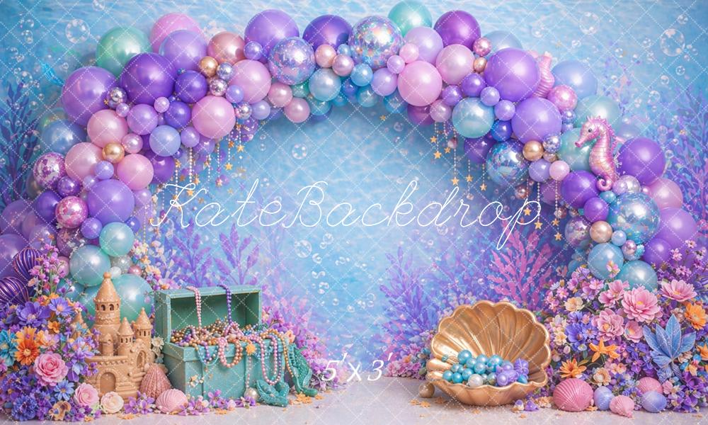 Kate Mermaid Balloon Arch Shell Sandcastle Underwater Printed Backdrop Designed by Caitlin Lynch