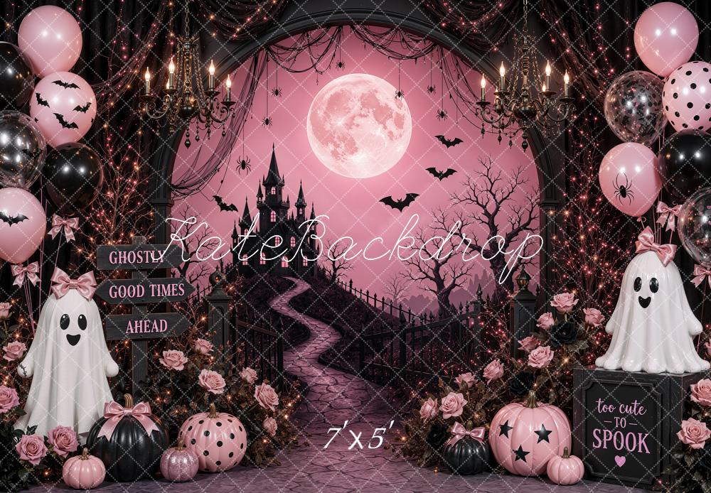 Kate Halloween Birthday Pink Gothic Castle Moon Ghosts Printed Backdrop Designed by Shutter Swan Studios
