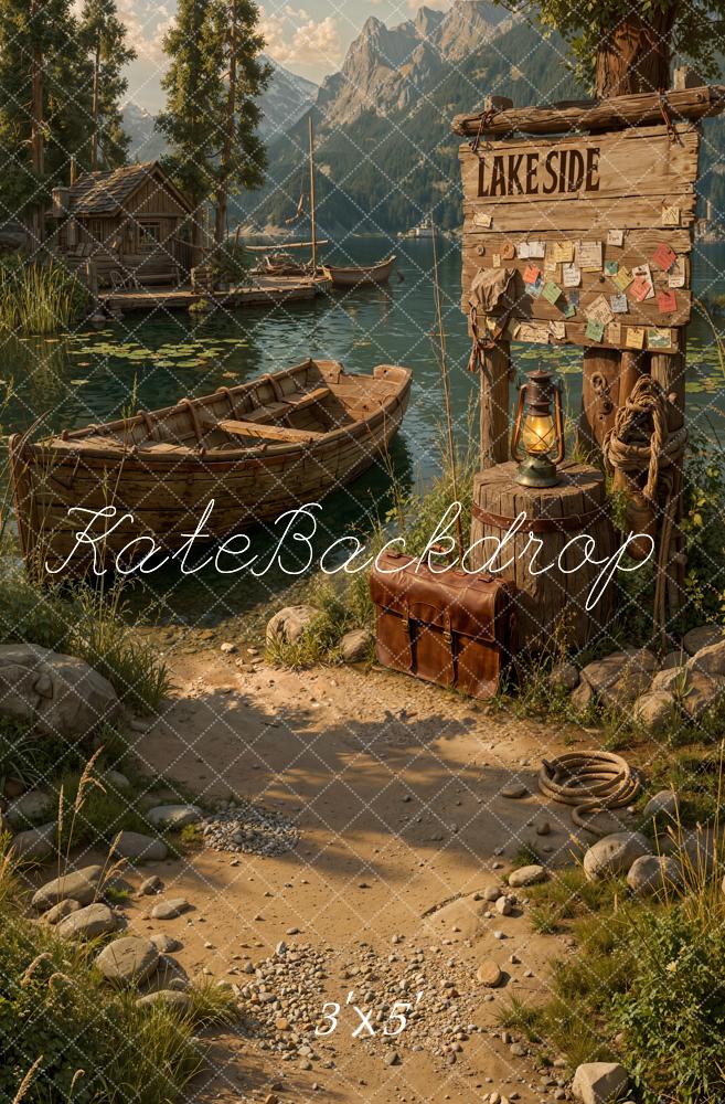 Kate Lakeside Wooden Boat Cabin Mountain Path Printed Backdrop Designed by Emetselch