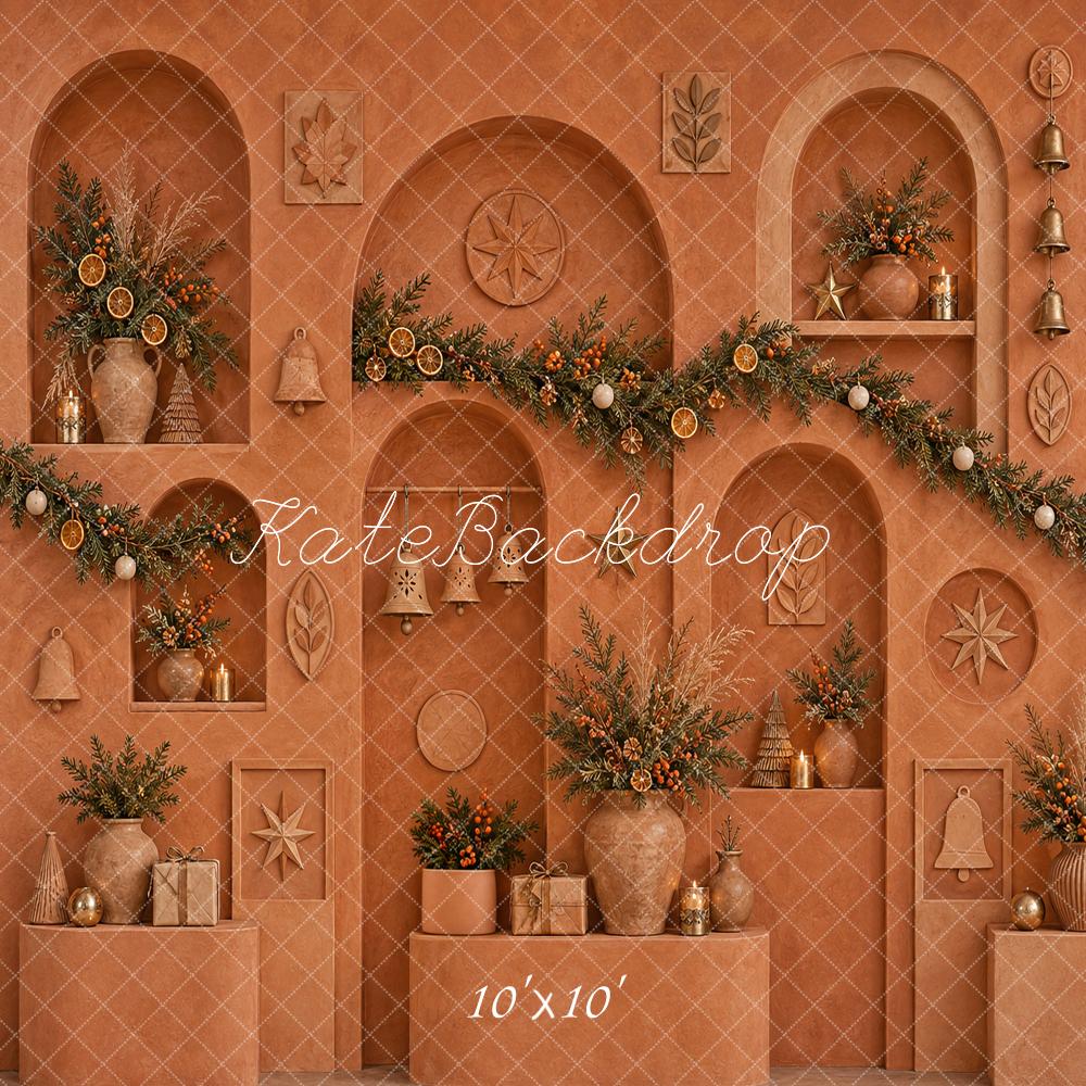Kate Christmas Terracotta Arches Garland Botanicals Bells Printed Backdrop Designed by Vertigo Productions