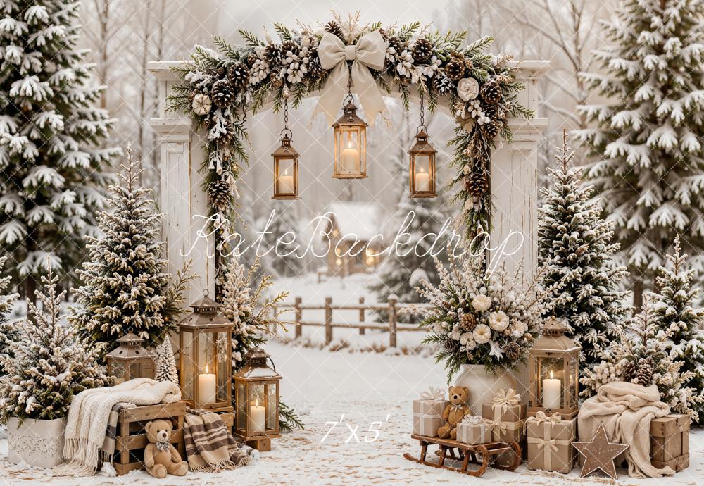 Kate Christmas Snowy Forest Arch Lanterns Gifts Sled Plaid Printed Backdrop Designed by Emetselch