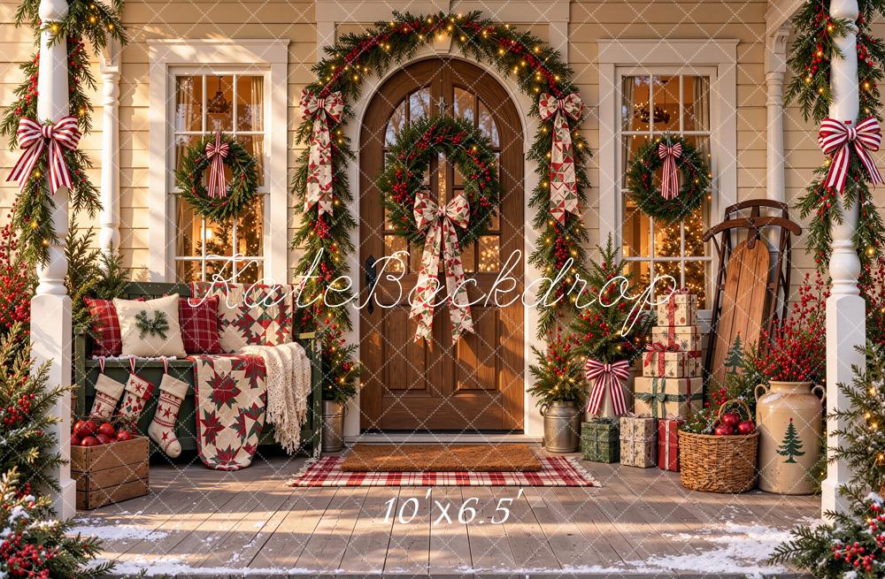 Kate Christmas Farmhouse Porch Wreath Garland Sunlight Printed Backdrop Designed by Shutter Swan Studios