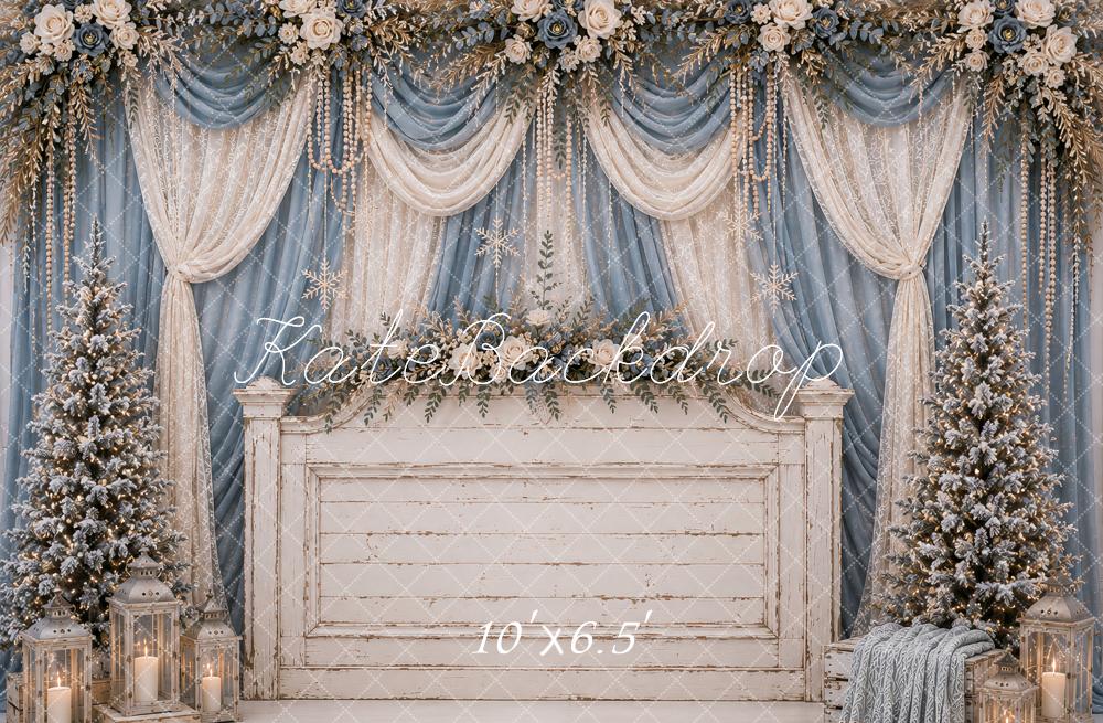 Kate Christmas Headboard Blue Drapes Snowy Christmas Trees Floral Printed Backdrop Designed by Ashley Paul