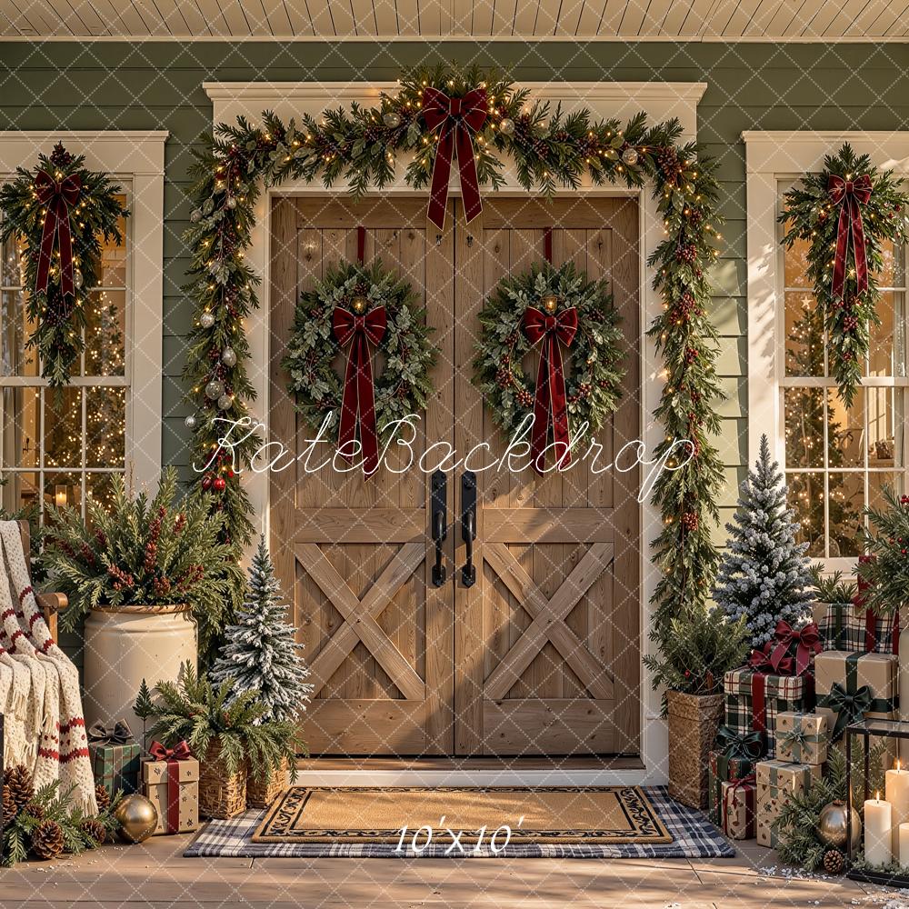 Kate Christmas Rustic Wood Front Door Garland Wreaths Blanket Printed Backdrop Designed by Shutter Swan Studios