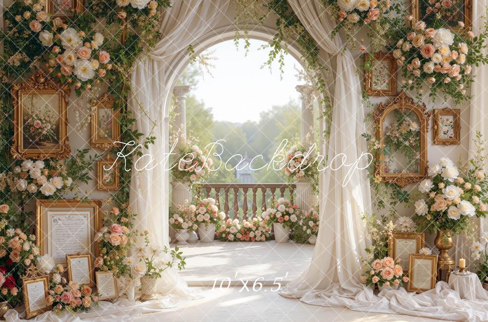 Kate Spring Elegant Drapes Flower Arch Ornate Terrace Printed Backdrop Designed by Mini MakeBelieve
