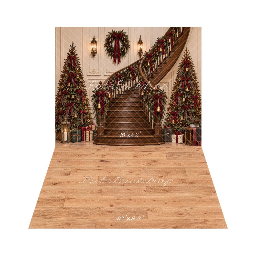 Kate Christmas Staircase Trees Wreath Decor Printed Backdrop+Light Brown Wood Plank Diamond Pattern Floor Backdrop Printed Backdrop