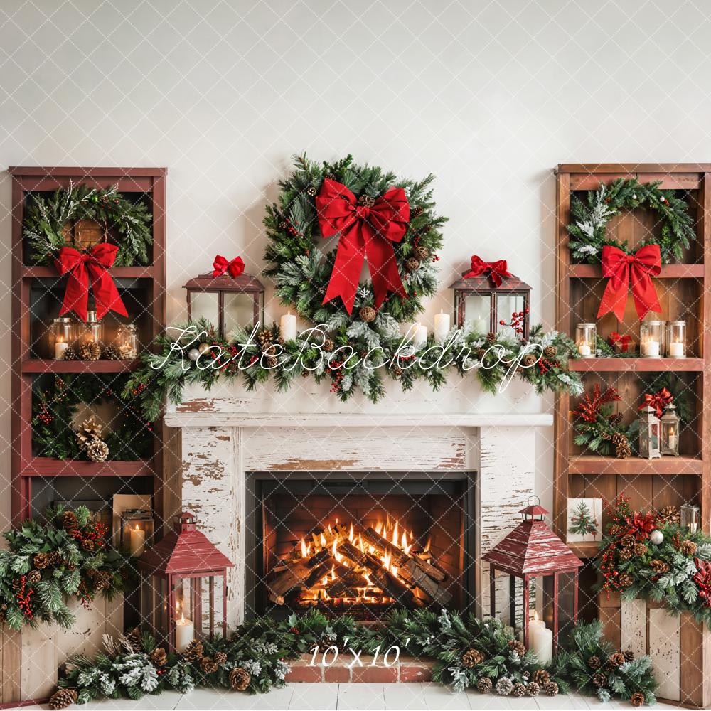 Kate Christmas Fireplace Wreath Wooden Shelves Backdrop Designed by Emetselch