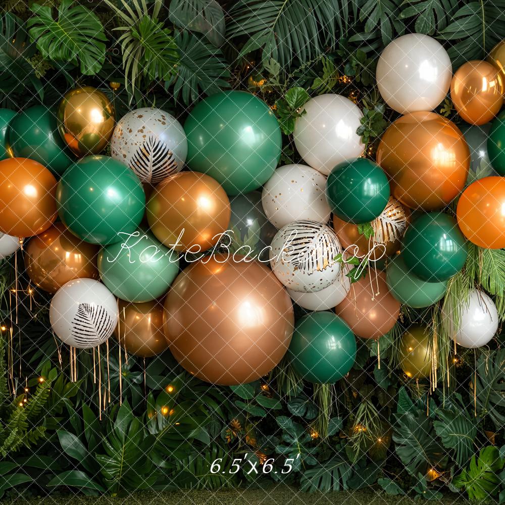 Kate Birthday Green Gold Balloon Garland Jungle Leaves Printed Backdrop Designed by Emetselch
