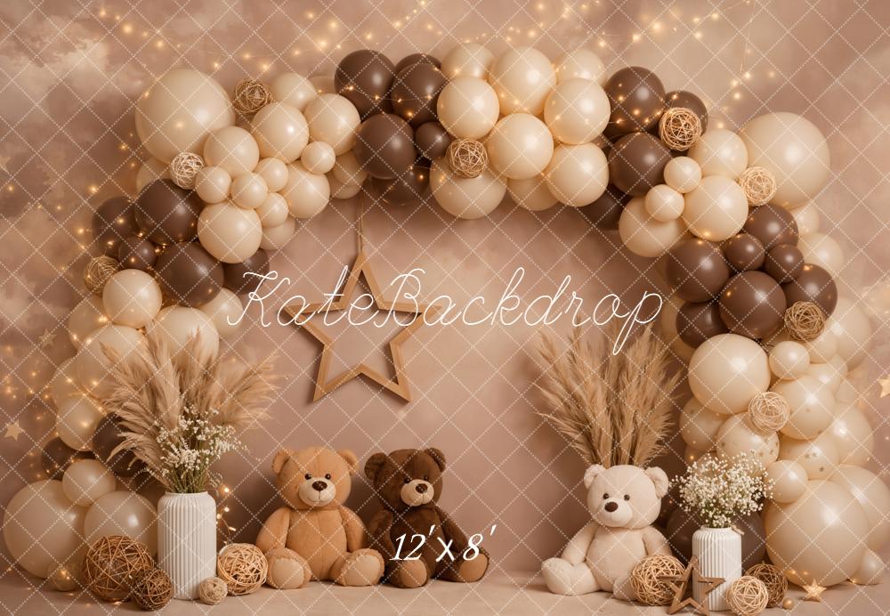 Kate Cake Smash Balloon Arch Teddy Bears Pampas Grass Neutral Brown Backdrop Designed by Emetselch