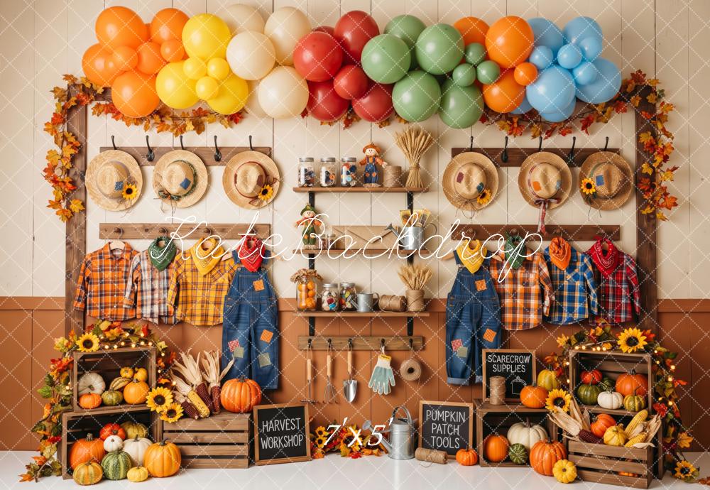 Kate Fall Birthday Little Scarecrow Workshop Pumpkins Balloons Printed Backdrop Designed by Patty Roberts