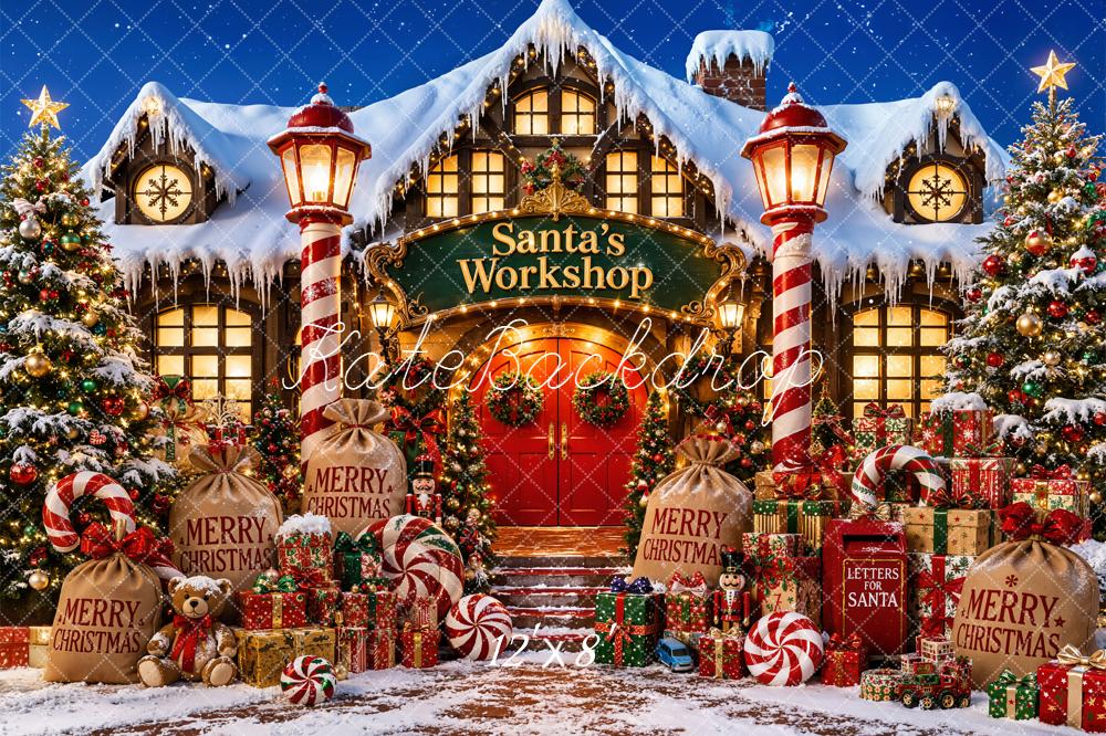 Kate Christmas Night Santa's Workshop Snowy House Presents Candy Canes Printed Backdrop Designed by Emetselch