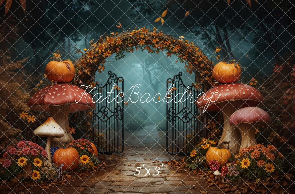 Halloween Mushroom Arch Pumpkins Gate Flowers Printed Backdrop Designed by Emetselch