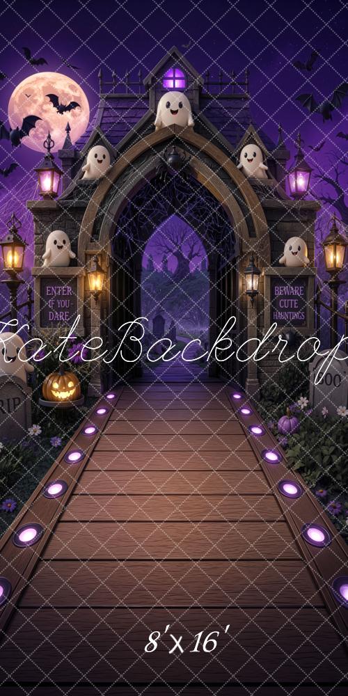 Kate Sweep Halloween Trunk or Treat Haunted Gate Ghosts Purple Printed Backdrop Designed by Mini MakeBelieve