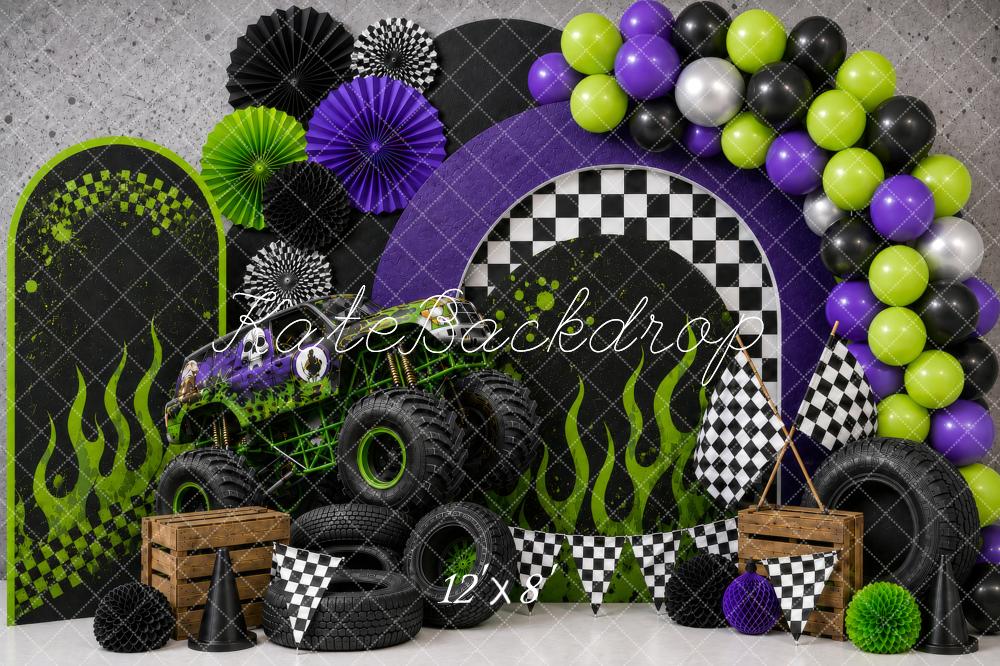 Kate Cake Smash Monster Truck Checkered Pattern Green Flames Balloons Printed Backdrop Designed by Shutter Swan Studios