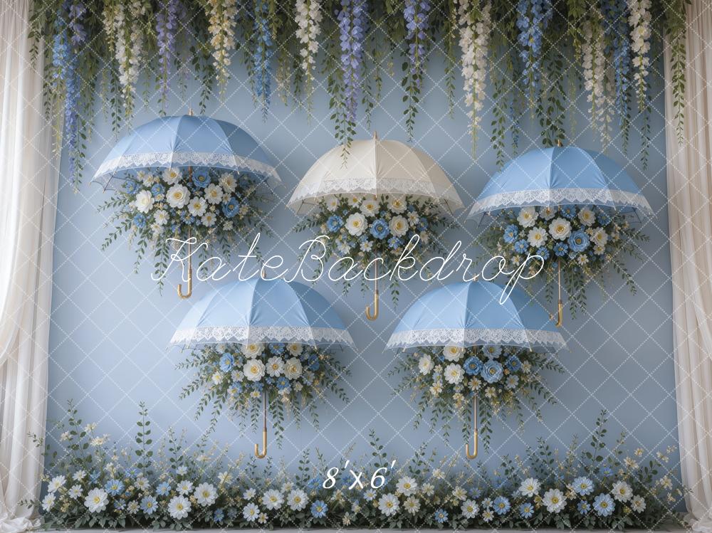 Kate Spring Bluebell Shower Floral Umbrellas Printed Backdrop Designed by Ashley Ward