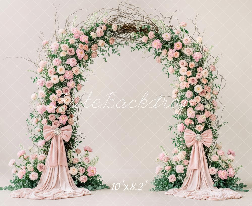 Kate Spring Flower Arch Pink Roses Greenery Bows Backdrop Designed by Patty Roberts