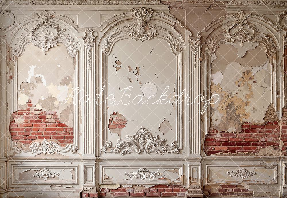 Kate Vintage Wall Ornate Plaster Exposed Brick Printed Backdrop Designed by Emetselch