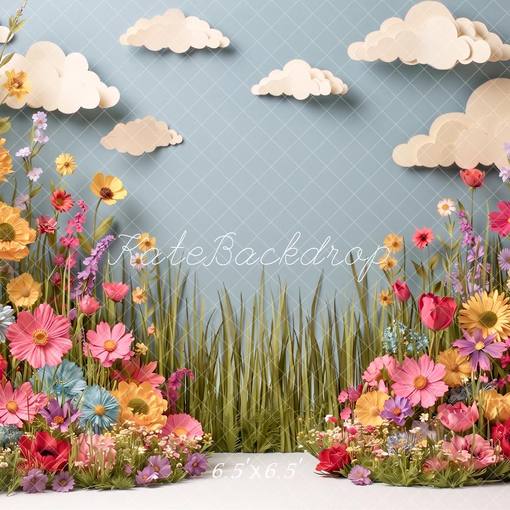 Kate Spring Paper Flowers Wildflower Meadow Clouds Printed Backdrop Designed by Angela Miller