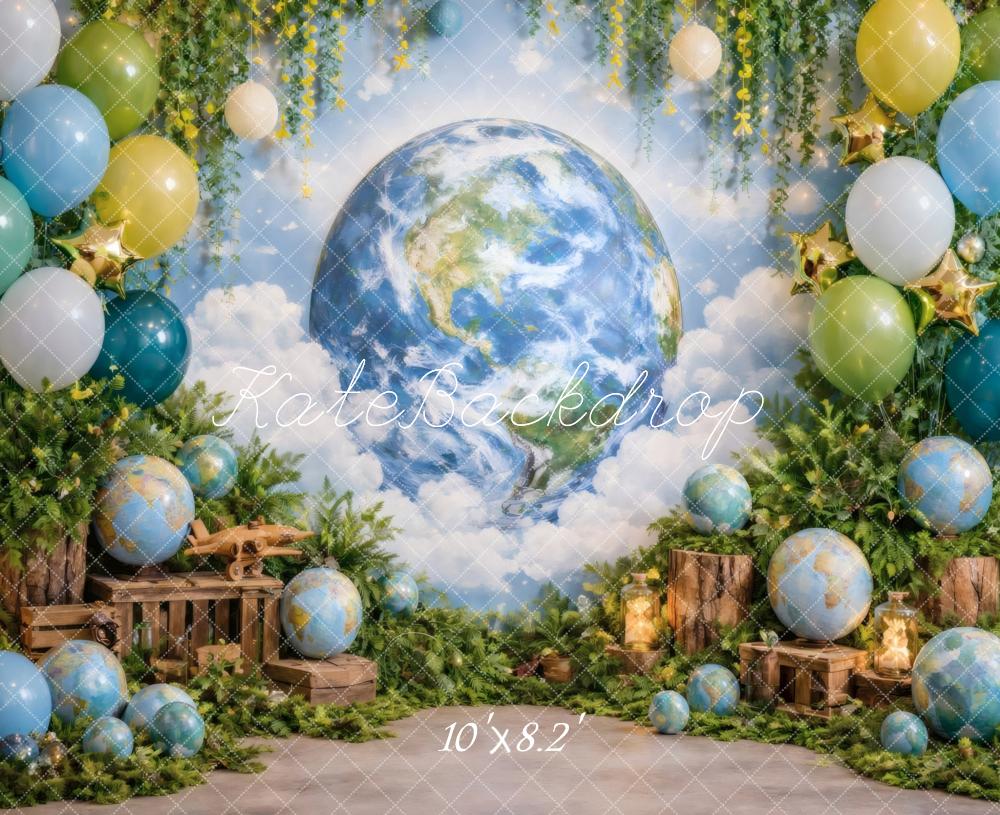 Kate Earth Globe Balloons Greenery Wooden Crates Printed Backdrop Designed by Vertigo Productions