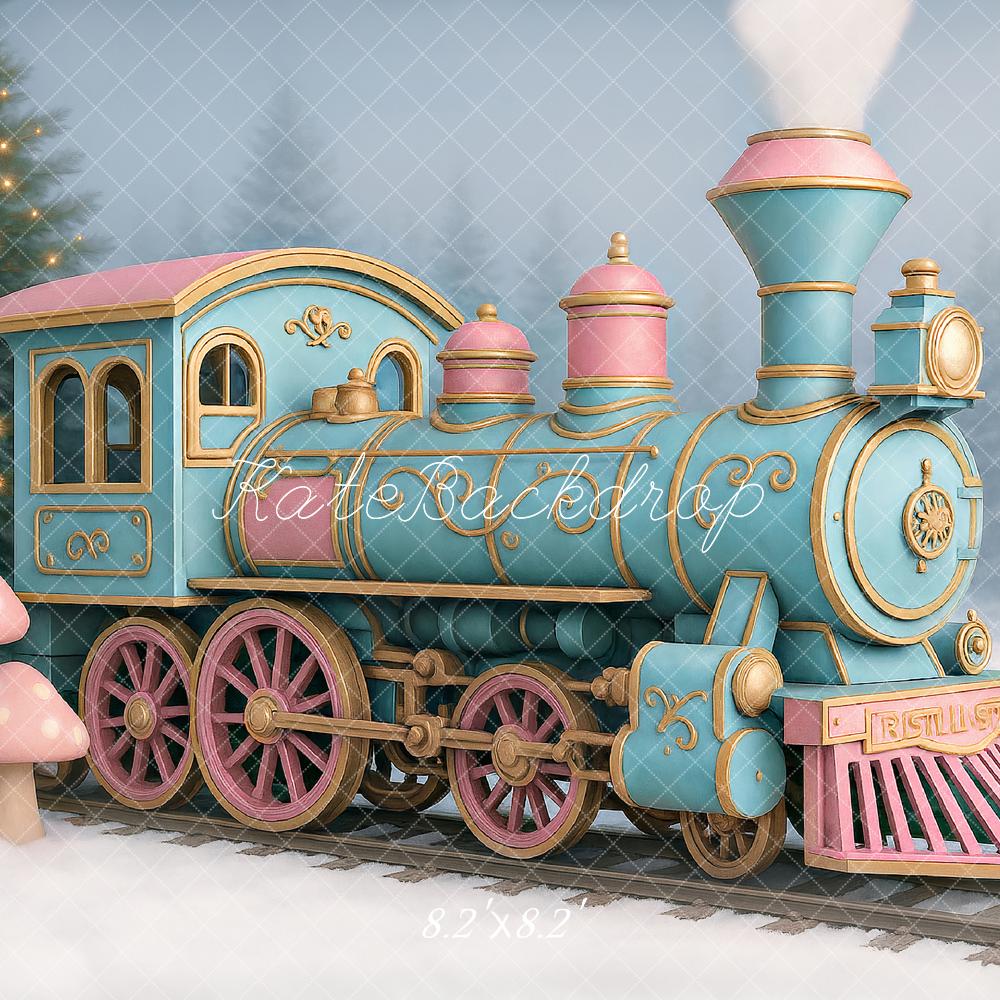 Kate Winter Polar Train Pink Mushroom Snow Backdrop Designed by Ashley Paul