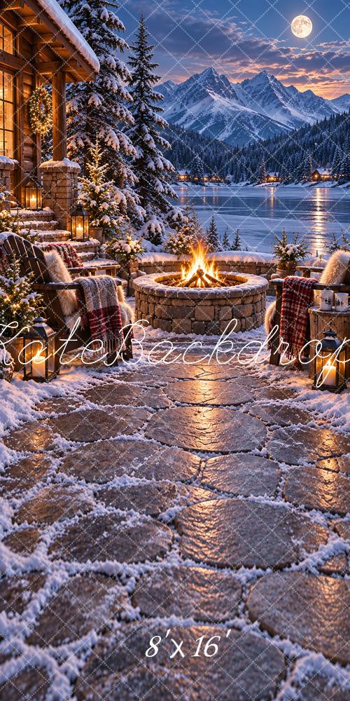 Kate Sweep Christmas Snowy Mountain Lodge Firepit Printed Backdrop Designed by Vertigo Productions