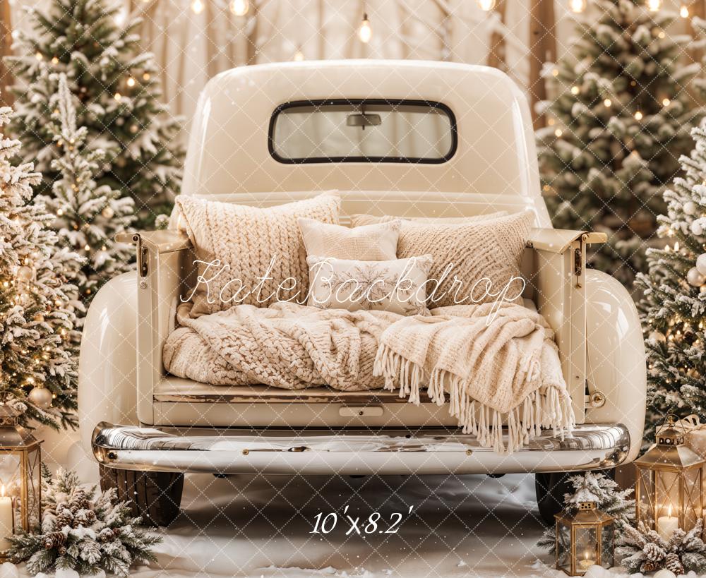 Kate Christmas Cream Vintage Truck Trees Gifts Rustic Printed Backdrop Designed by Emetselch