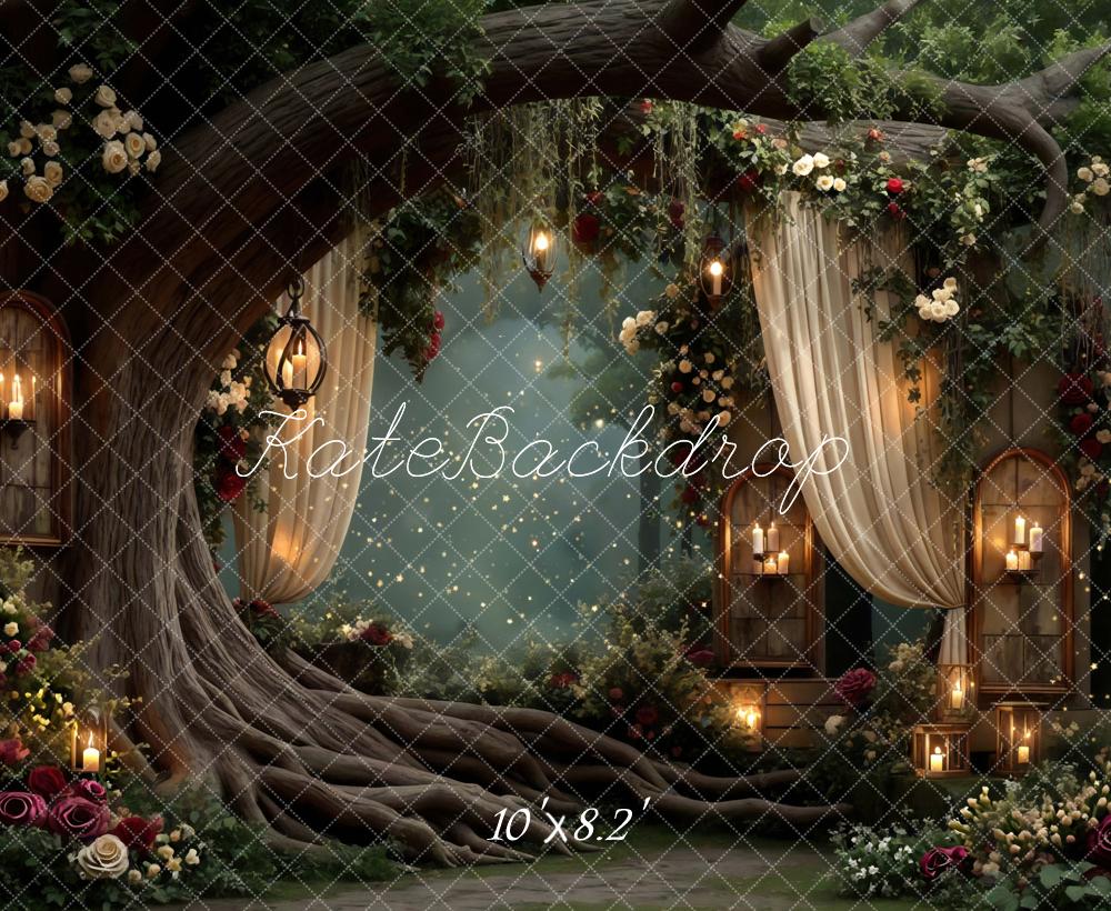 Kate Fairy Fantasy Tree Drapes Flowers Candles Printed Backdrop Designed by Mini MakeBelieve