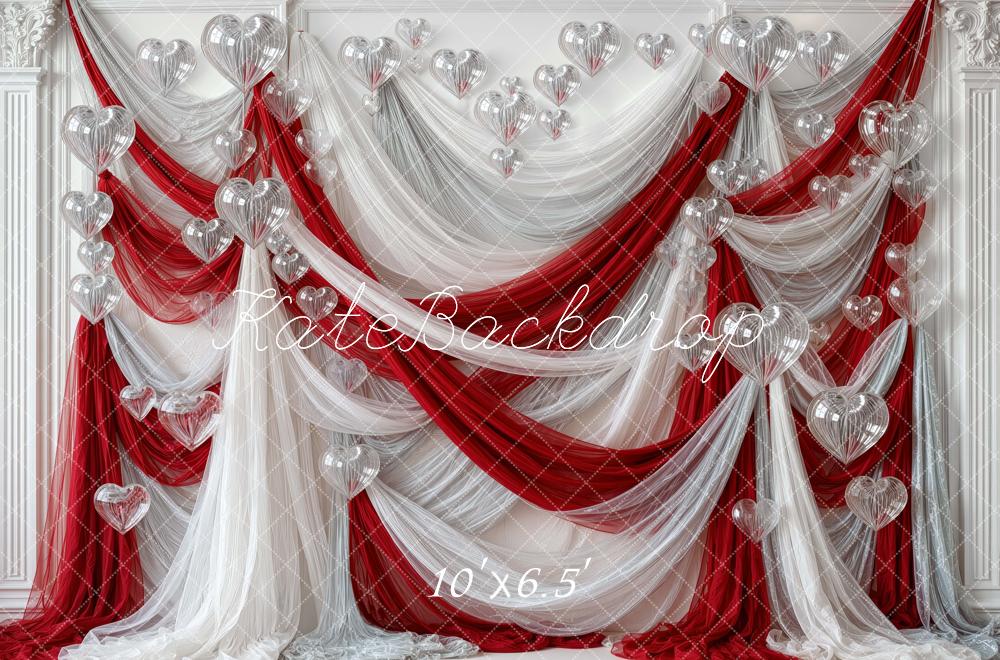 Kate Valentine's Day Red White Drapery Heart Balloons Printed Backdrop Designed by Mini MakeBelieve