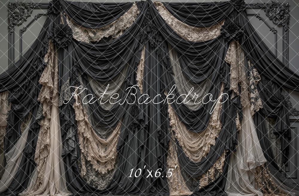 Kate Halloween Black Lace Gothic Draped Curtains Printed Backdrop Designed by Mini MakeBelieve