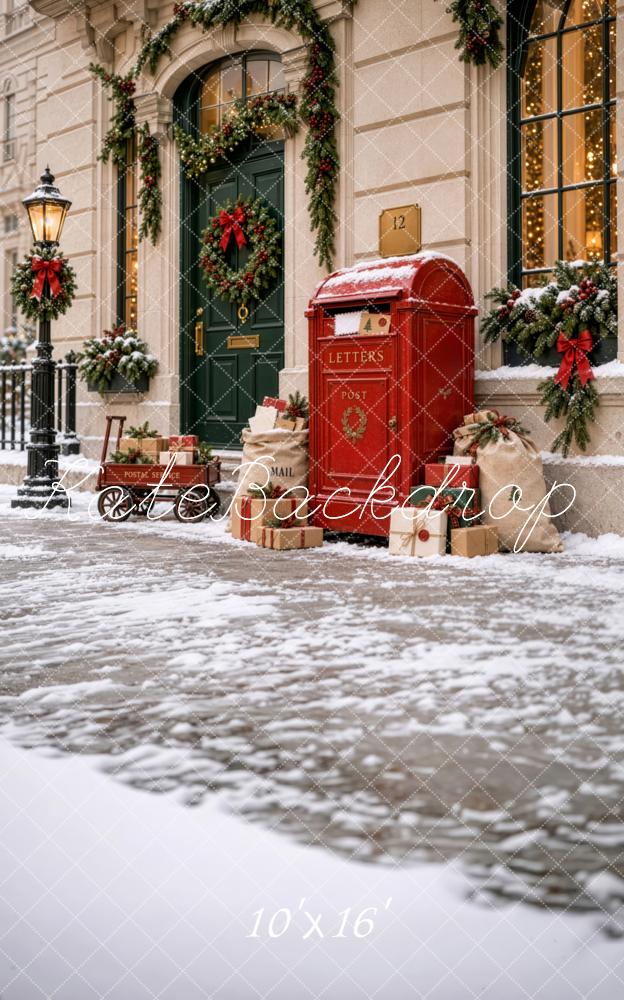Kate Sweep Christmas City Street Snowy Red Mailbox Doorway Printed Backdrop Designed by Patty Roberts