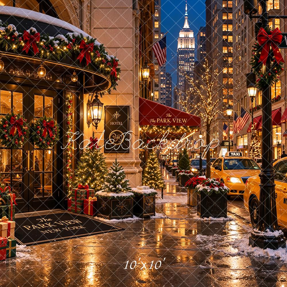 Kate Christmas Shop Snowy City Street Taxis Printed Backdrop Designed by Shutter Swan Studios