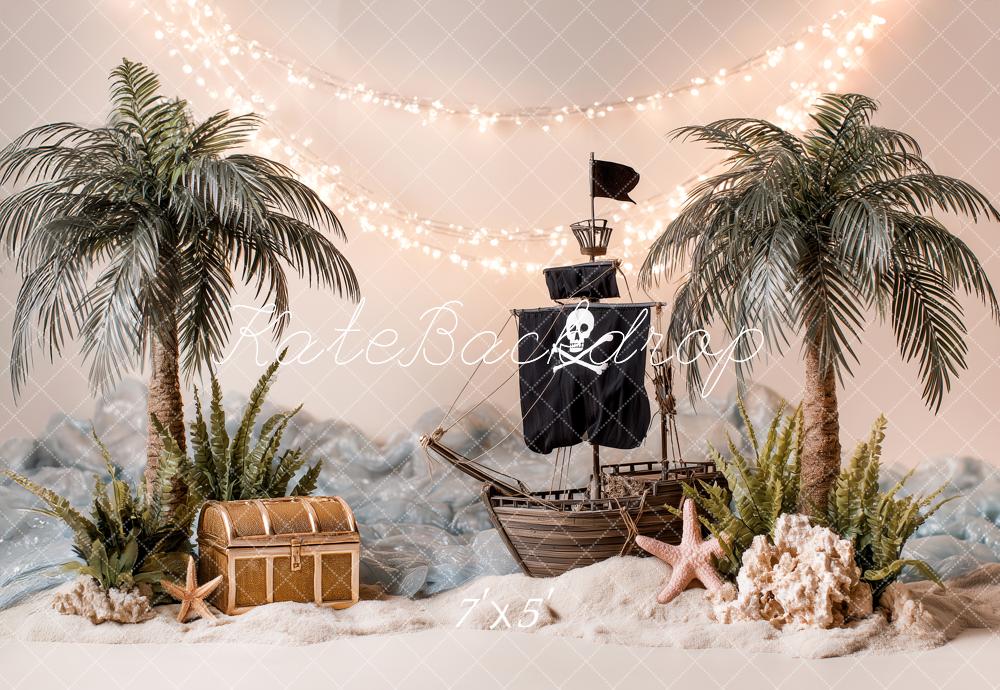 Kate Summer Pirate Ship Palm Trees Treasure Chest Starfish Sand Printed Backdrop Designed by Angela Miller