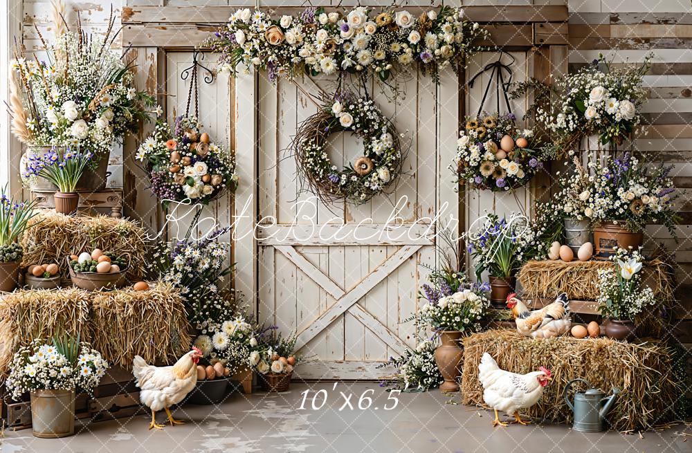 Kate Easter Rustic White Barn Chicken Hay Eggs Flowers Backdrop Designed by Emetselch
